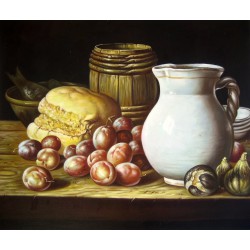 Bodegón con ciruelas, brevas, pan, barrilete, jarra y otros recipientes de Meléndez